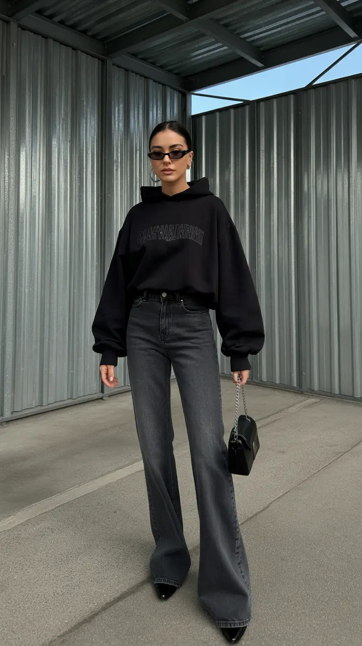 modest outfits 2026 casual chic black hoodie and grey jeans
