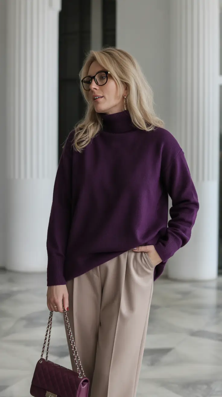 modest outfits 2026 purple sweater and beige trousers chic
