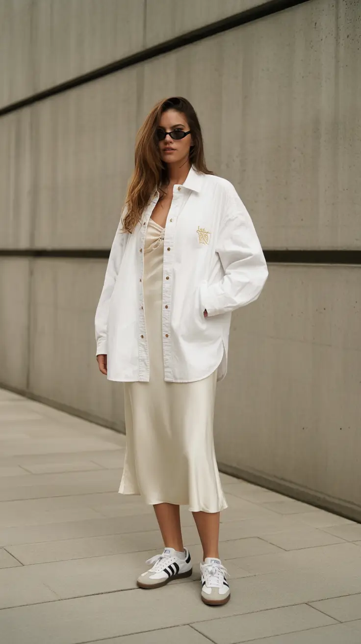 modest outfits 2026 white shirt and satin slip dress