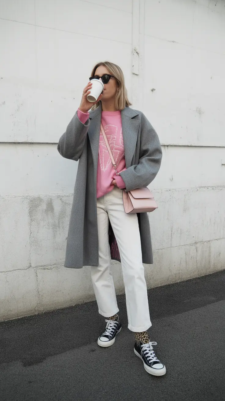 modest outfits 2026 pink sweater and gray coat