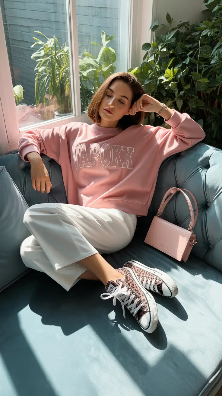 modest outfits 2026 pink sweatshirt and white trousers