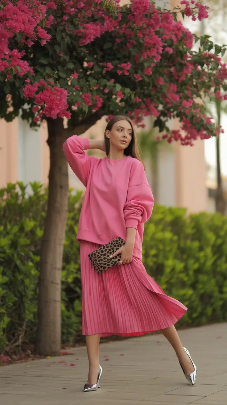 modest outfits 2026 pink sweatshirt and pleated skirt