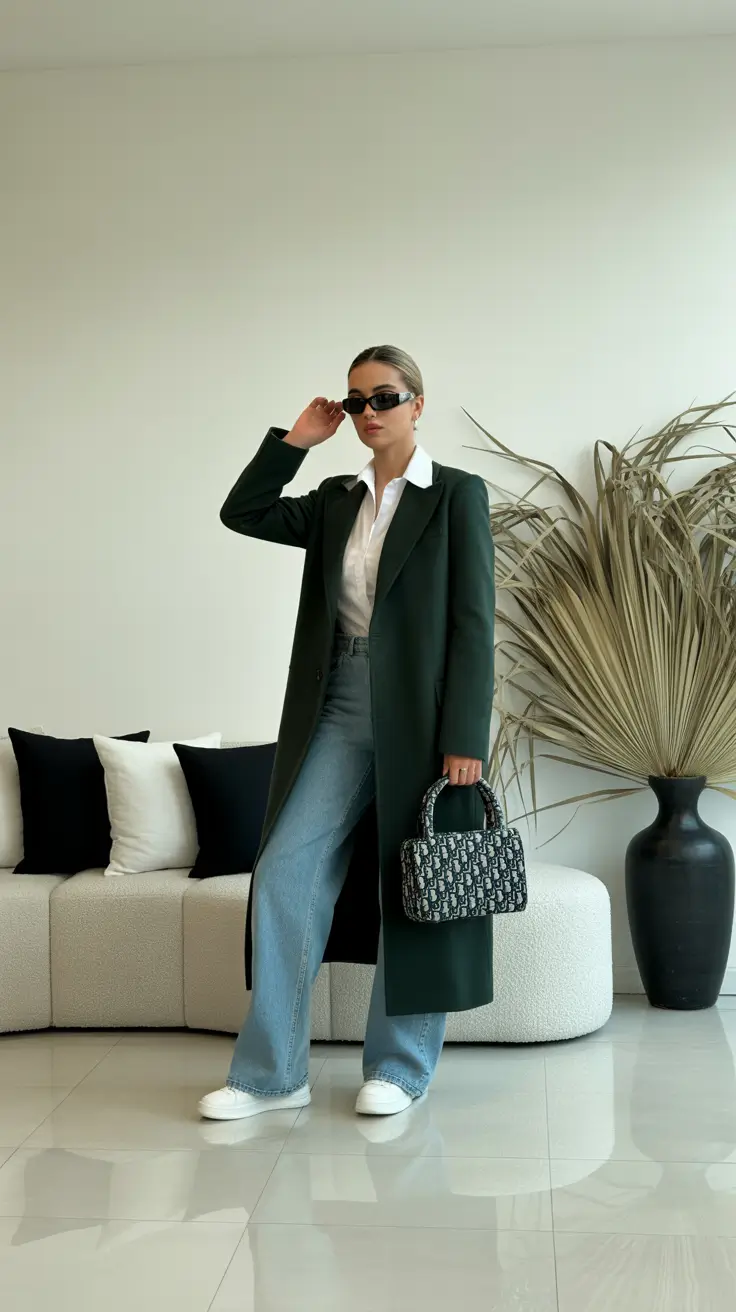 modest outfits 2026 sleek green coat and wide-leg jeans