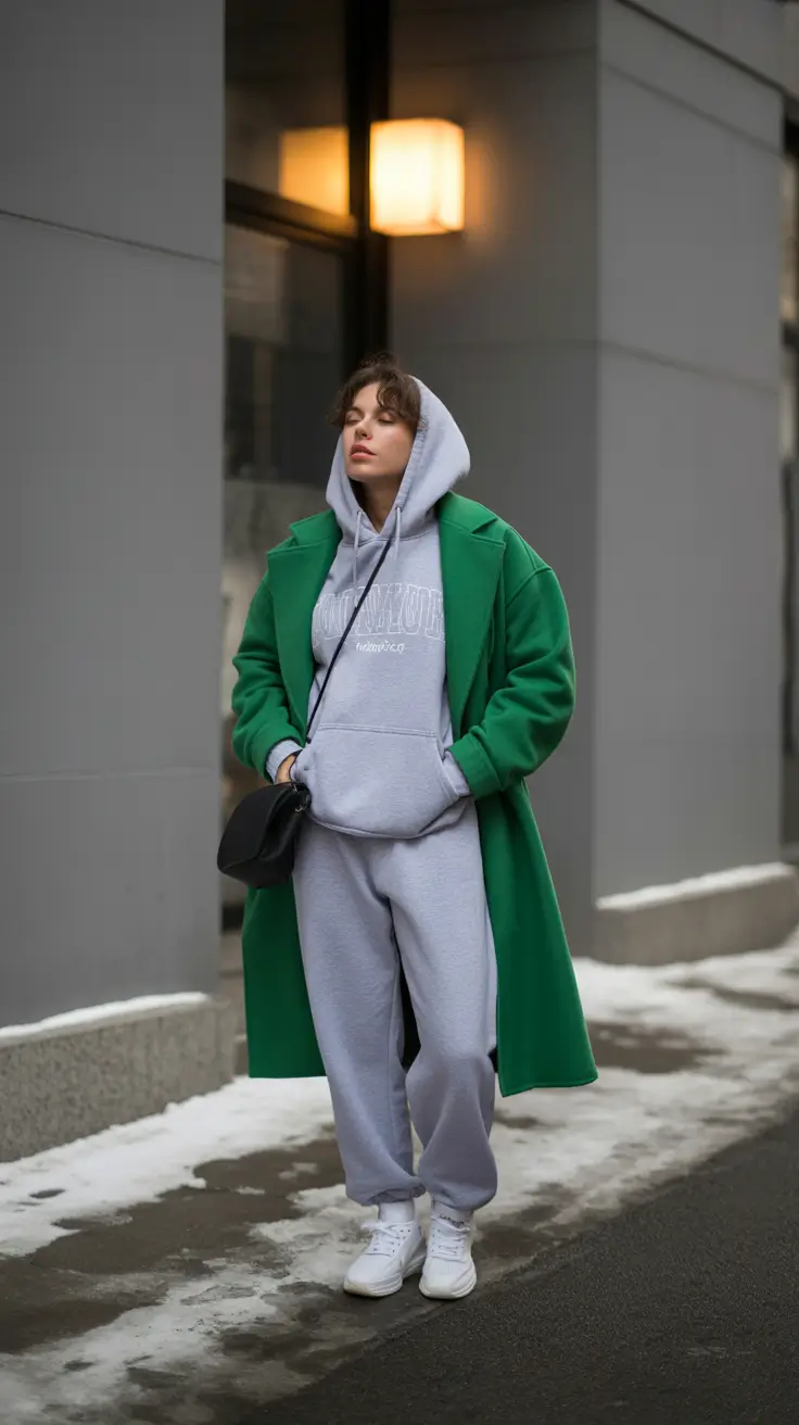 modest outfits 2026 green winter coat and grey hoodie