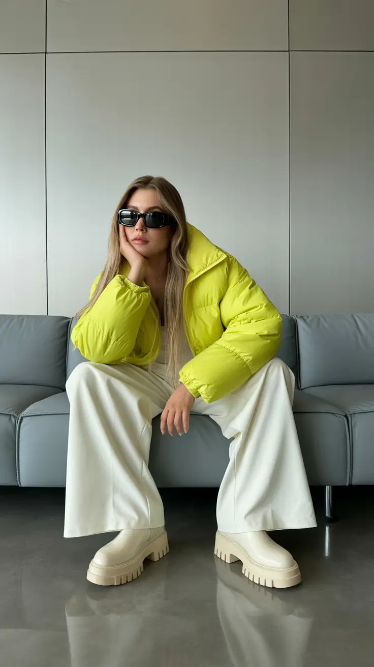 modest outfits 2026 yellow puffer and white wide-leg pants