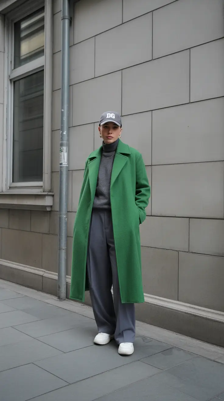 modest outfits 2026 green coat and grey trousers street style