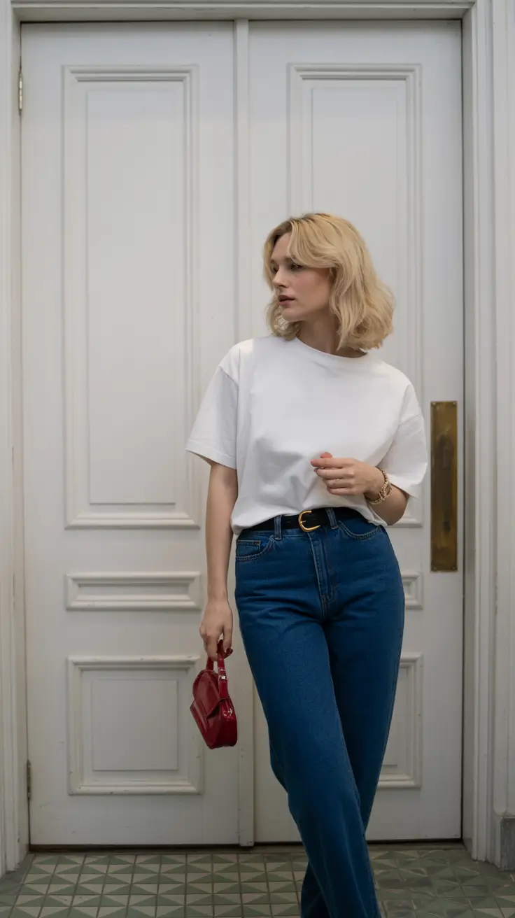 modest outfits 2026 white tee and blue jeans elegance