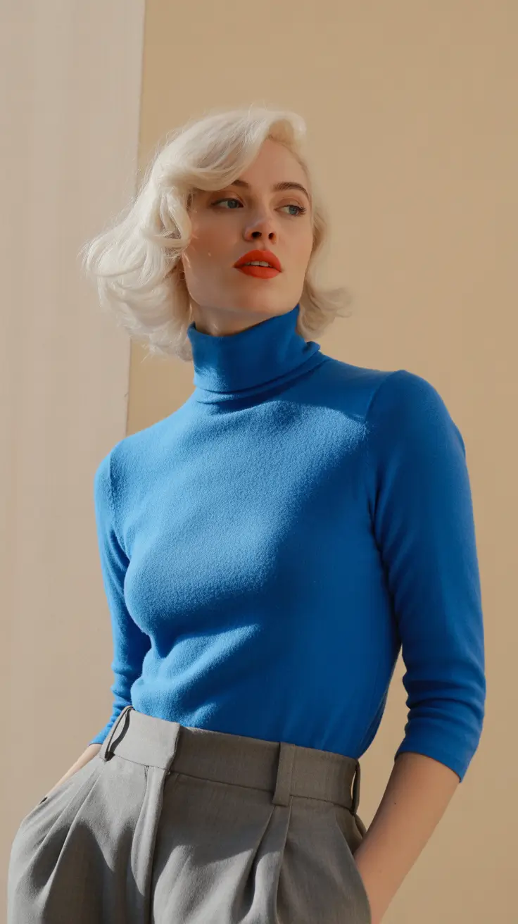 modest outfits 2026 blue turtleneck and gray trousers fall