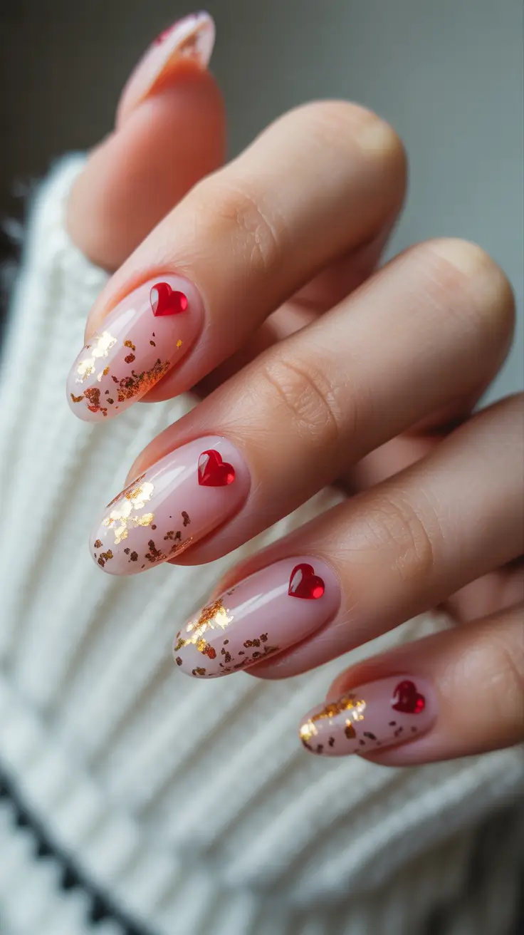 Wedding Nail Designs for Bride 2026 Gold Flakes Red Hearts