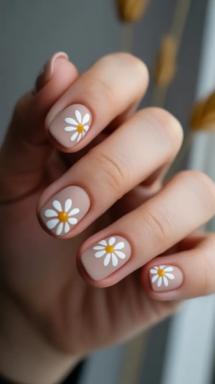 Wedding Nail Designs for Bride 2026 Matte Neutral Daisies