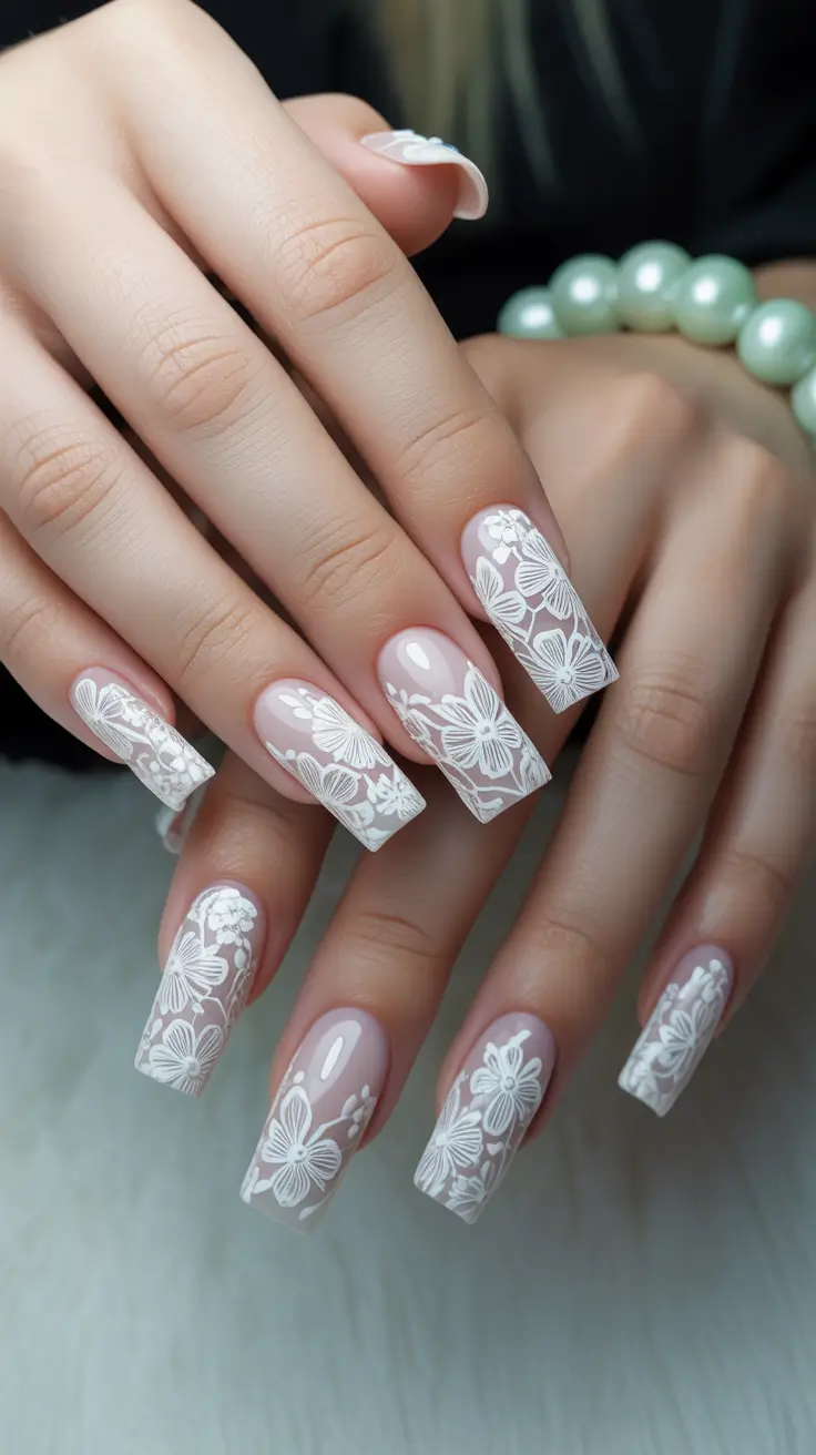 wedding nails 2026 Modern Lace Florals in Soft White