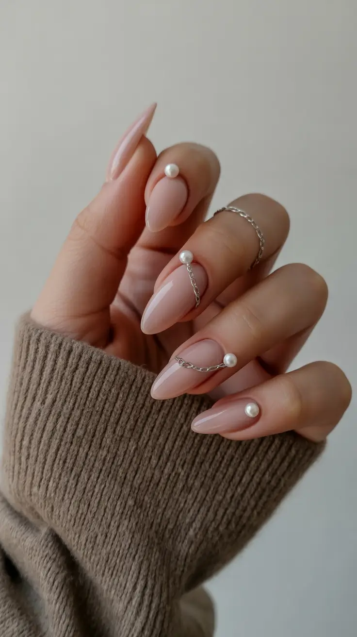 wedding nails 2026 Pearl Accented Almond Nails