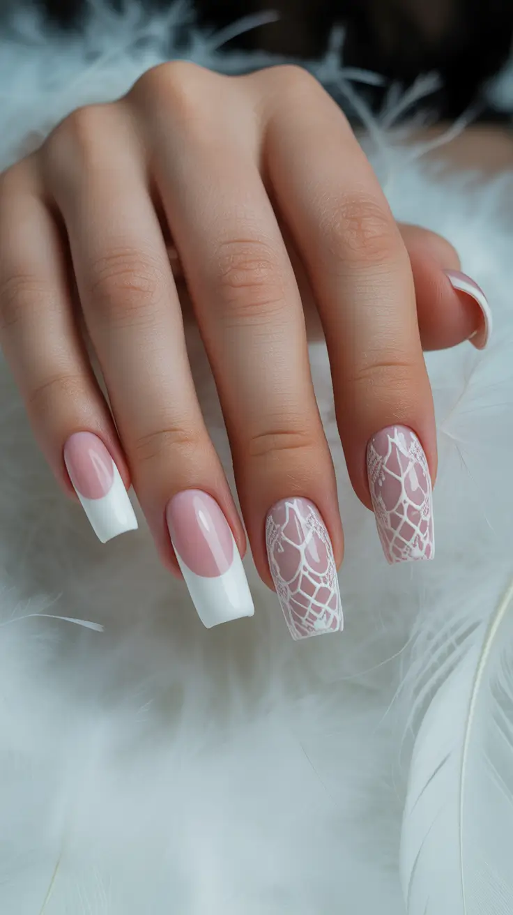 wedding nails 2026 French Square Lace Design