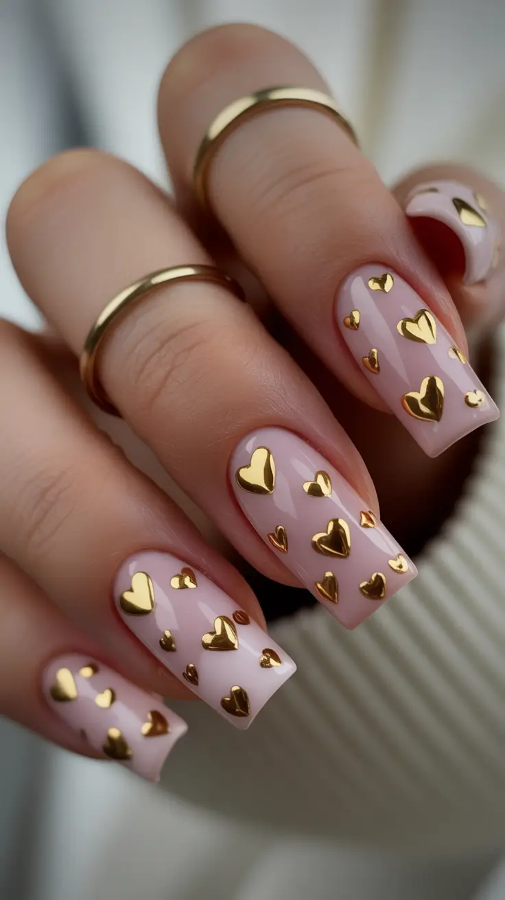 wedding nails 2026 Blush Nails with Gold Hearts