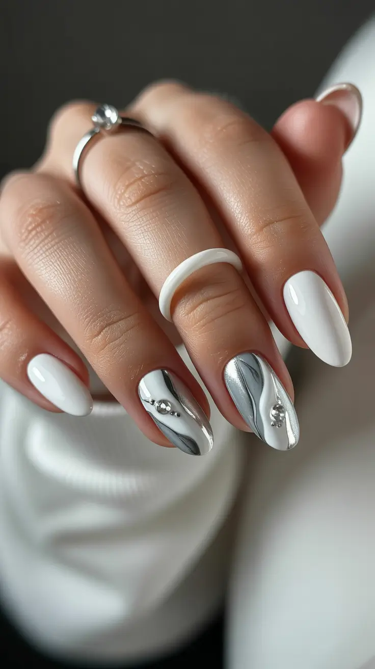 wedding nails 2026 White Almond Nails with Silver Swirl Accents