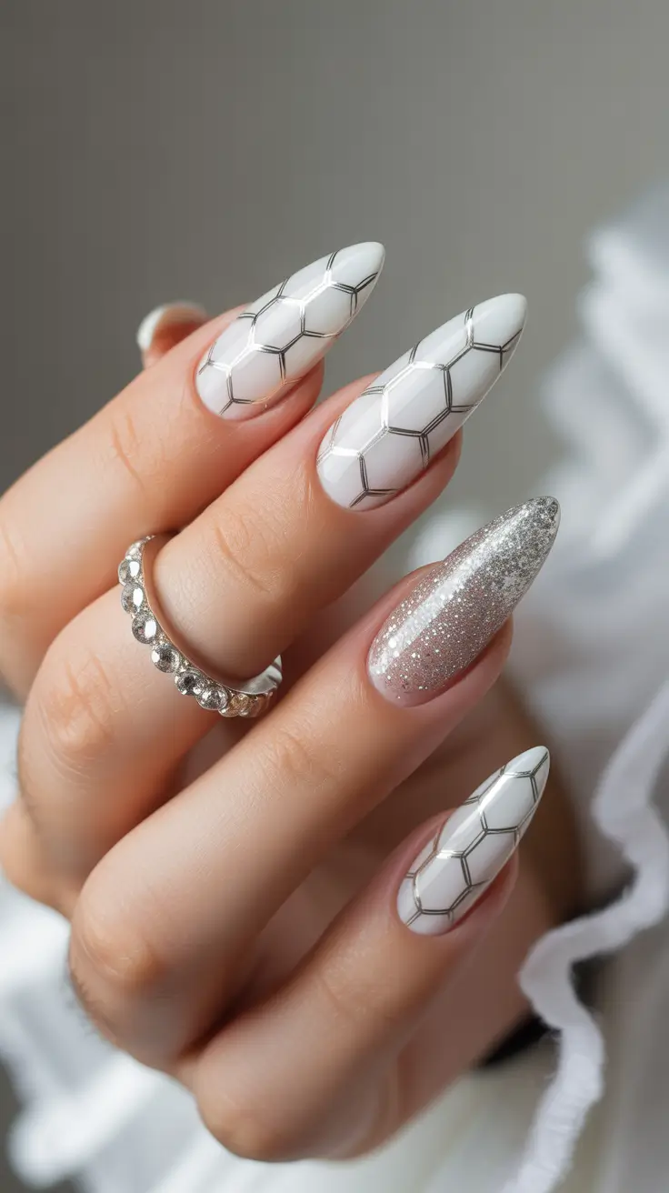 wedding nails 2026 Geometric White Nails with Soft Silver Sparkle