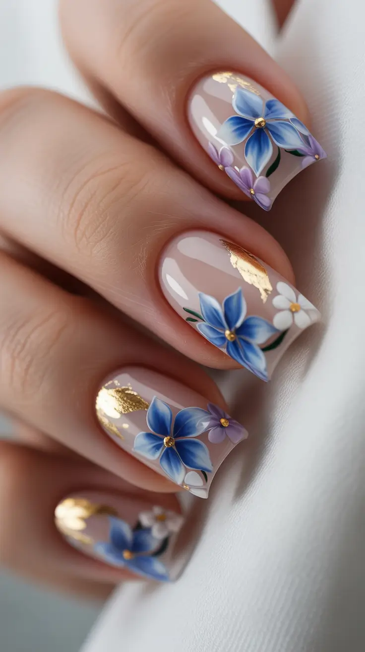 Wedding Nail Designs for Bride 2026 Floral Gold Foil