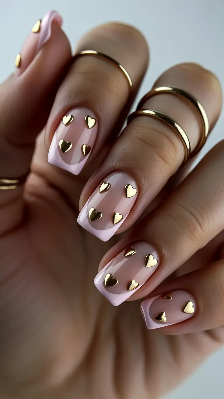 Wedding Nail Designs for Bride 2026 Soft Pink Gold Hearts