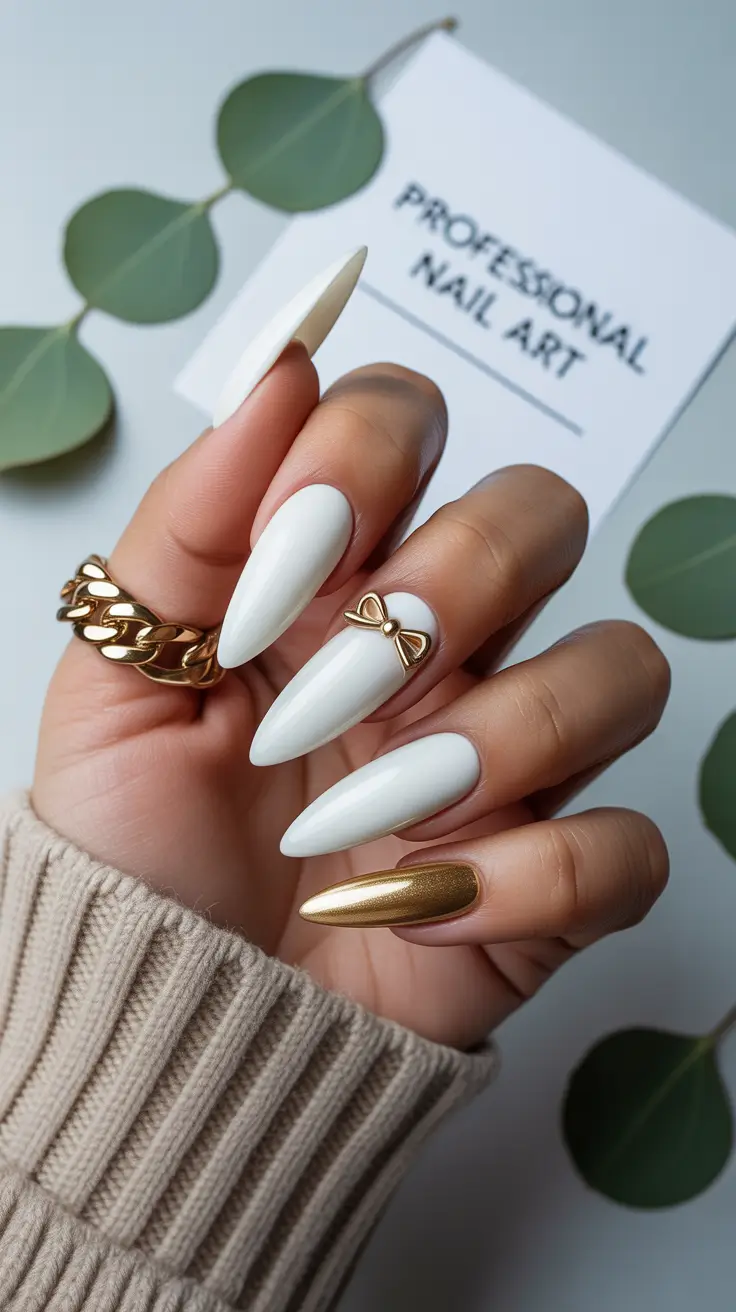White Nail Designs 2026 Minimal White Nails with Gold Accent Detail