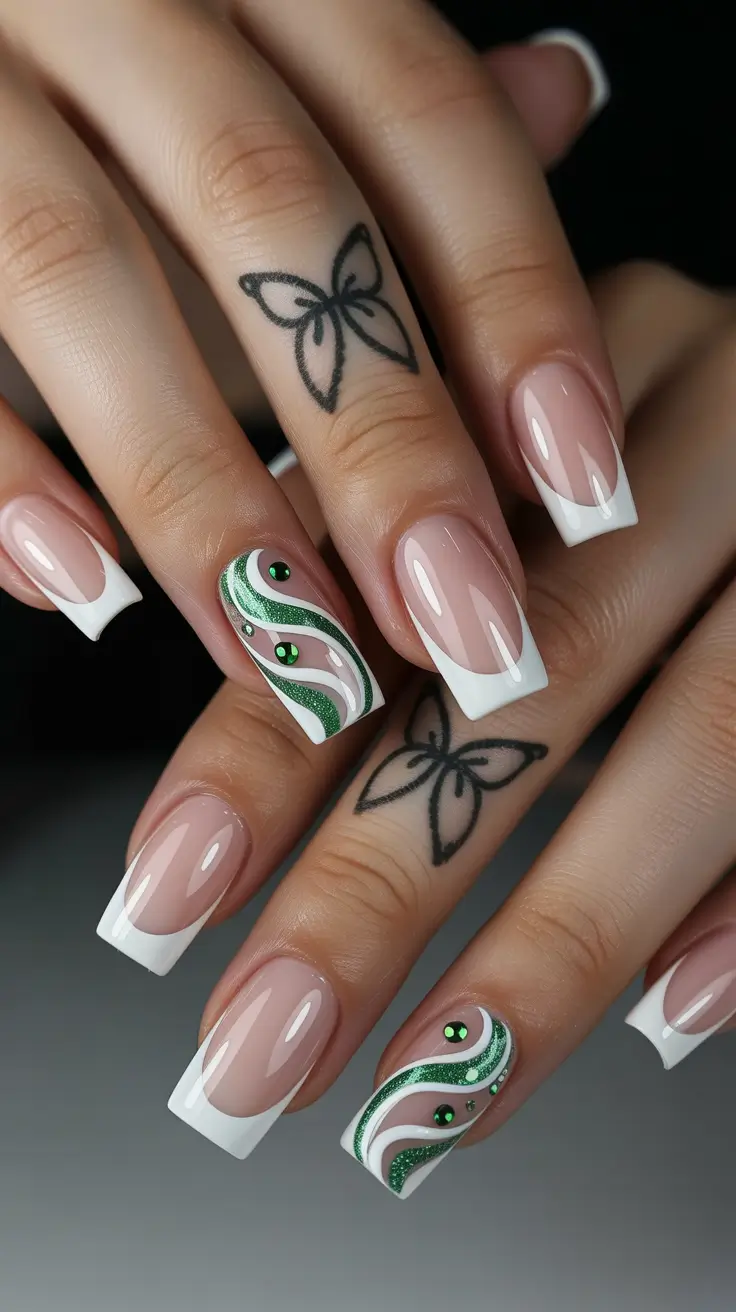 White Nail Designs 2026 White French Square with Emerald Swirls
