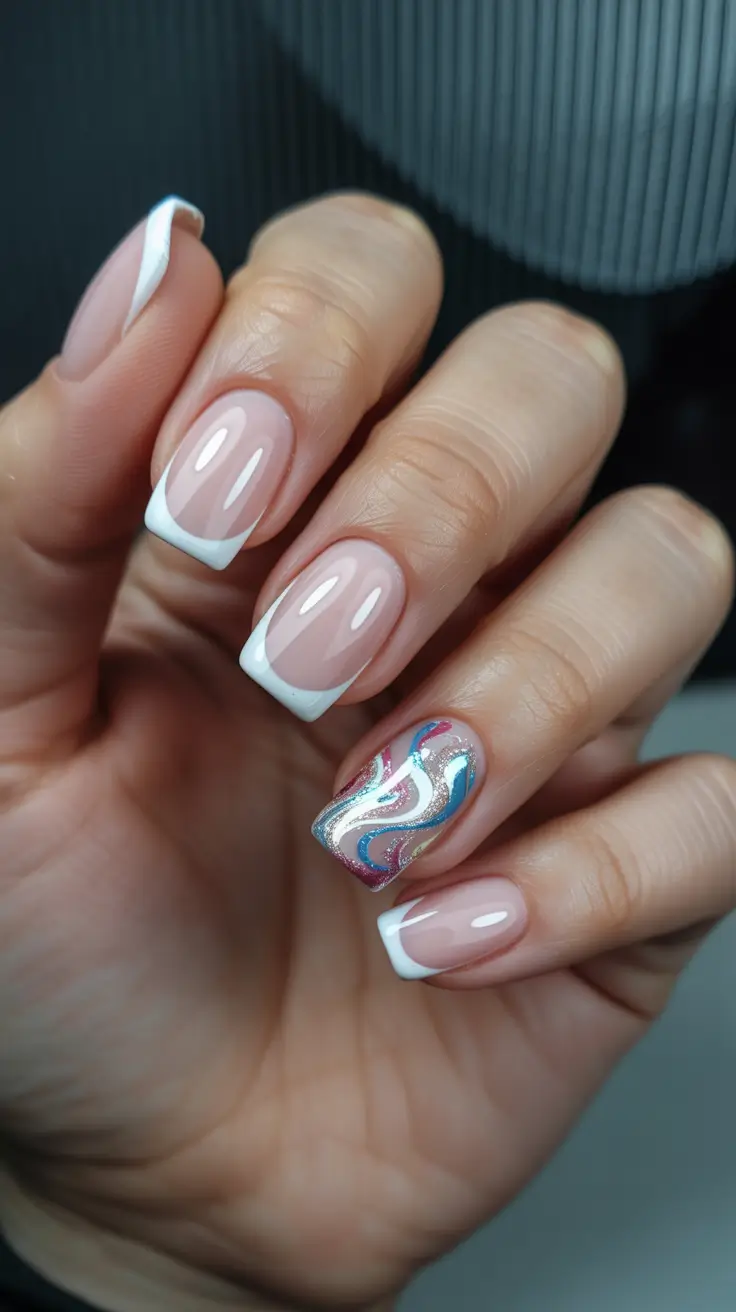 White Nail Designs 2026 Short White French with Glossy Rainbow Accent