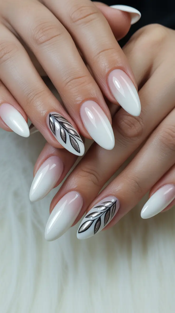 White Nail Designs 2026 Milky White Ombre with Silver Leaf Art