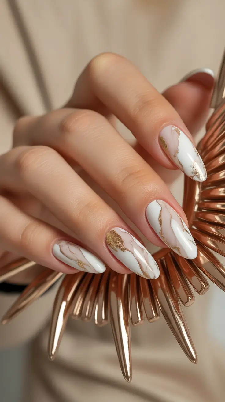 White Nail Designs 2026 White Marble Nails with Gold Veining