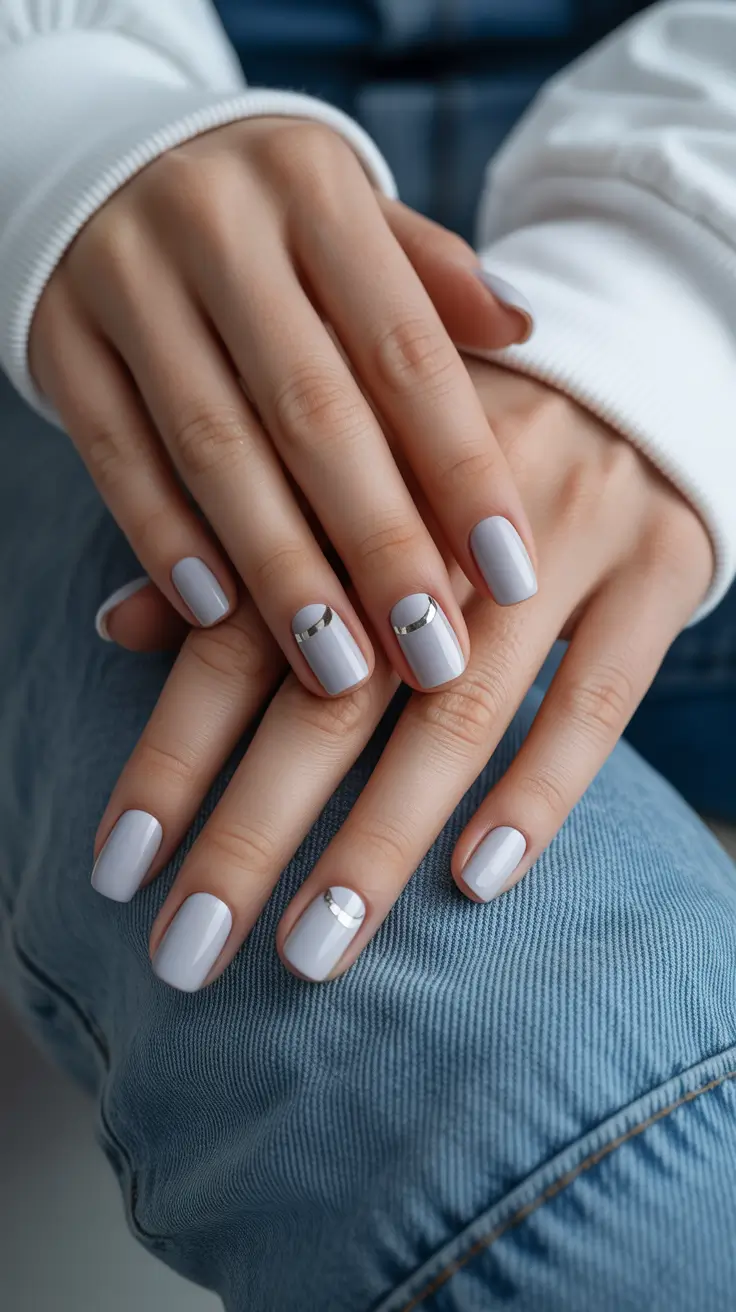 White Nail Designs 2026 Simple White Grey Nails with Minimal Metallic Tips