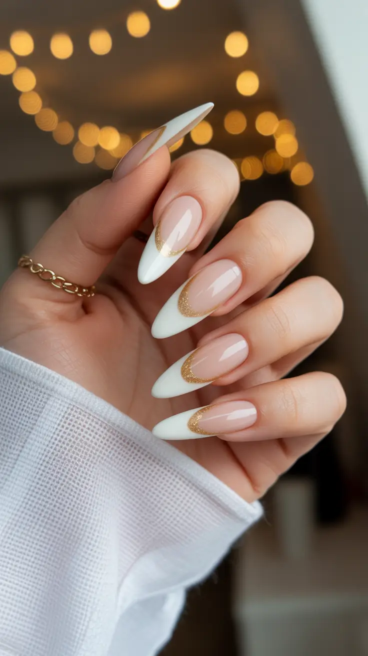 White Nail Designs 2026 White and Gold French with Sculpted Edges