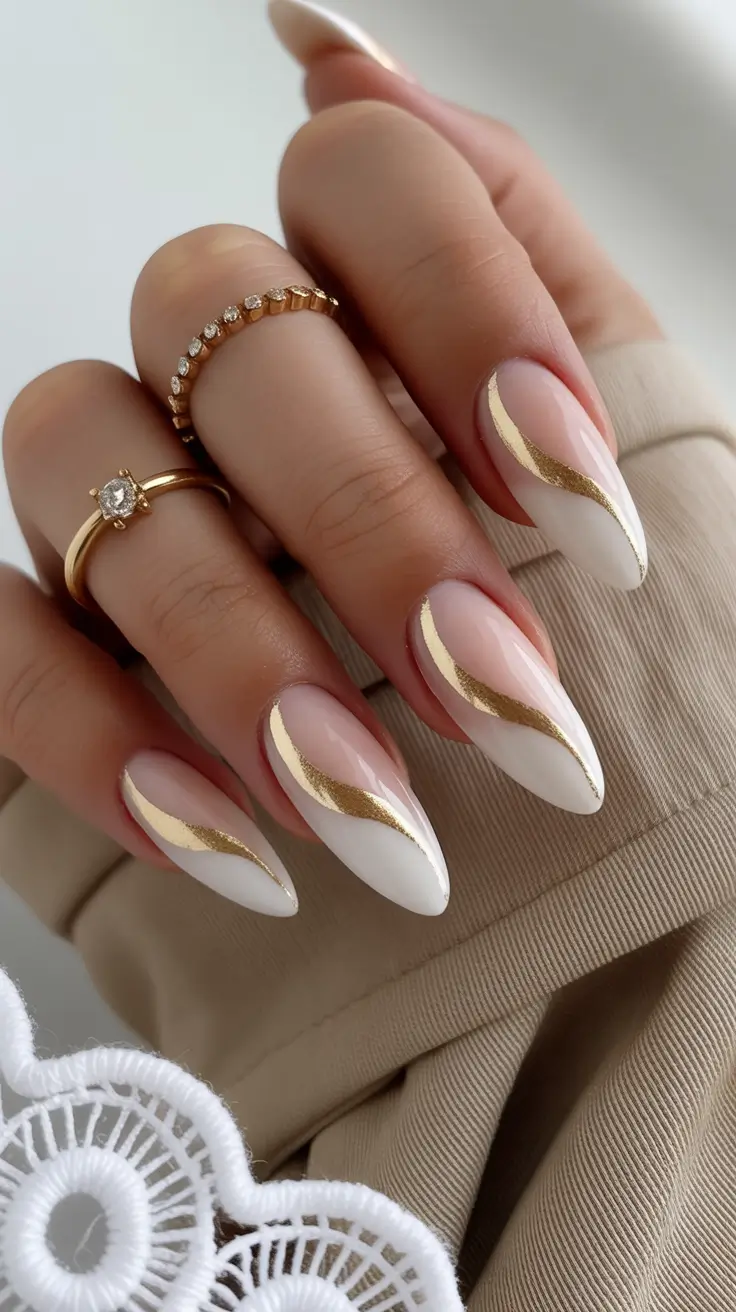 White Nail Designs 2026 White Nails with Flowing Gold Lines