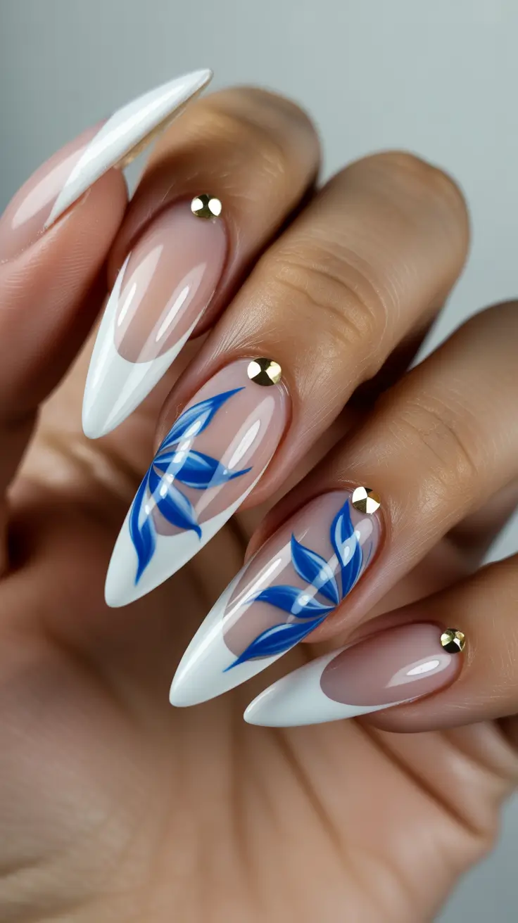 White Nail Designs 2026 White French with Blue Leaf Accents