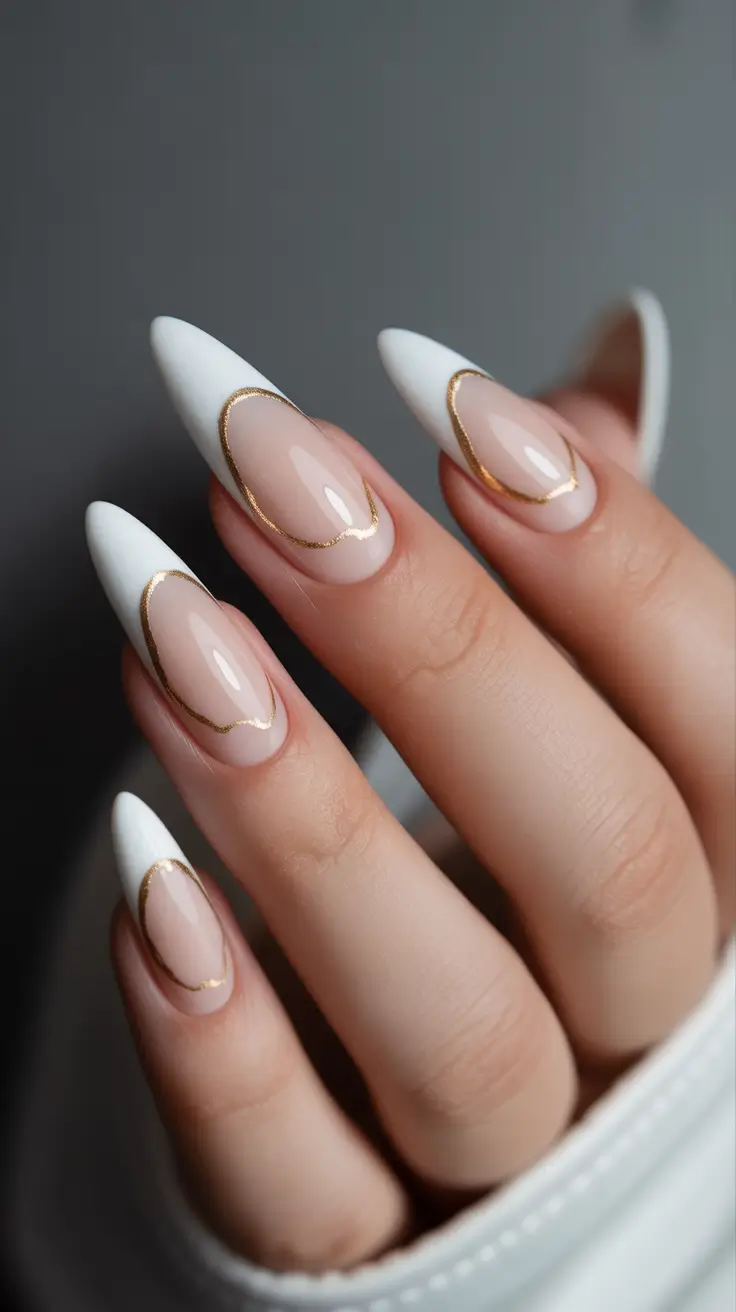 White Nail Designs 2026 White French with Thin Gold Outline