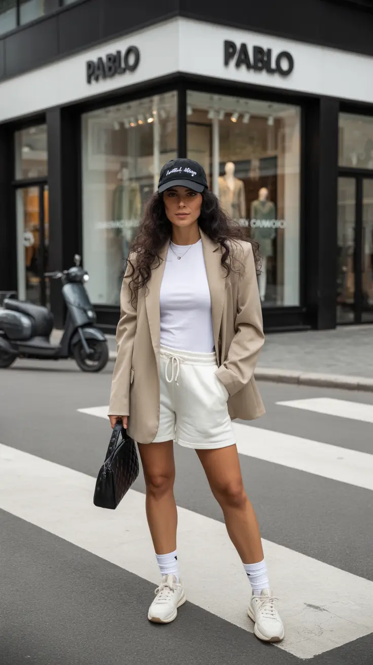 airport spring outfits 2026 Blazer and Sweat Shorts City Girl Travel Energy