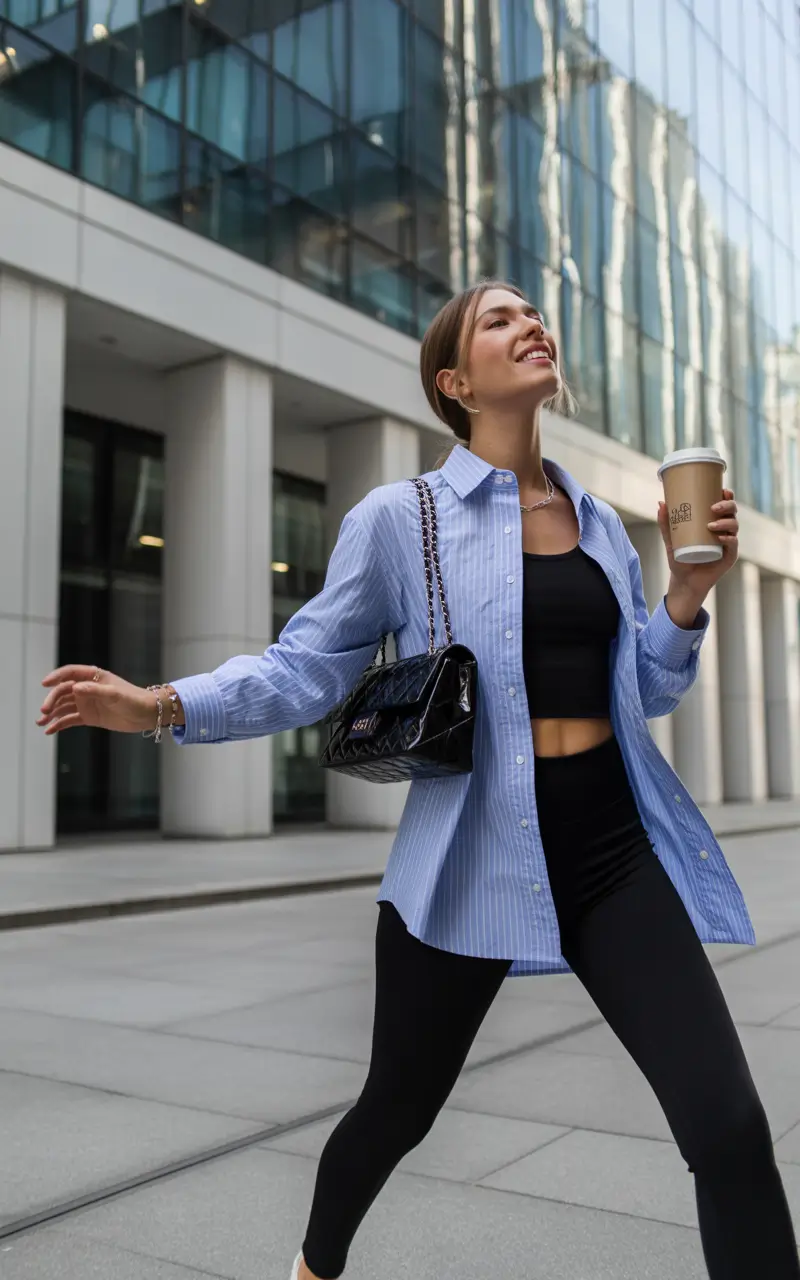 airport spring outfits 2026 Blue Button Down and Black Leggings Polish