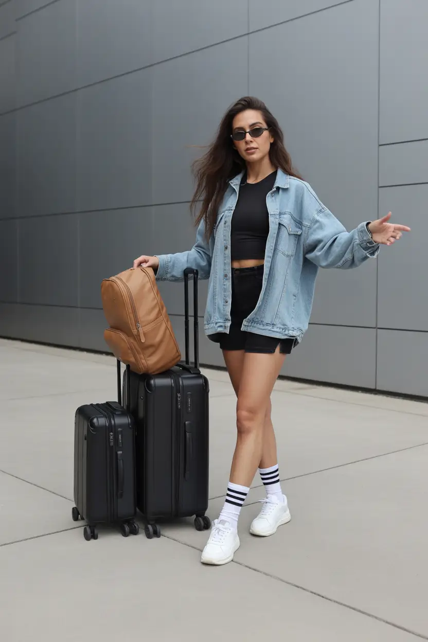 airport spring outfits 2026 Denim Jacket and Black Biker Shorts Confidence
