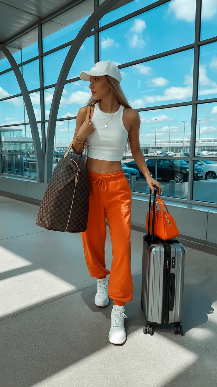 airport spring outfits 2026 Orange Joggers and White Tank Fresh Spring Energy