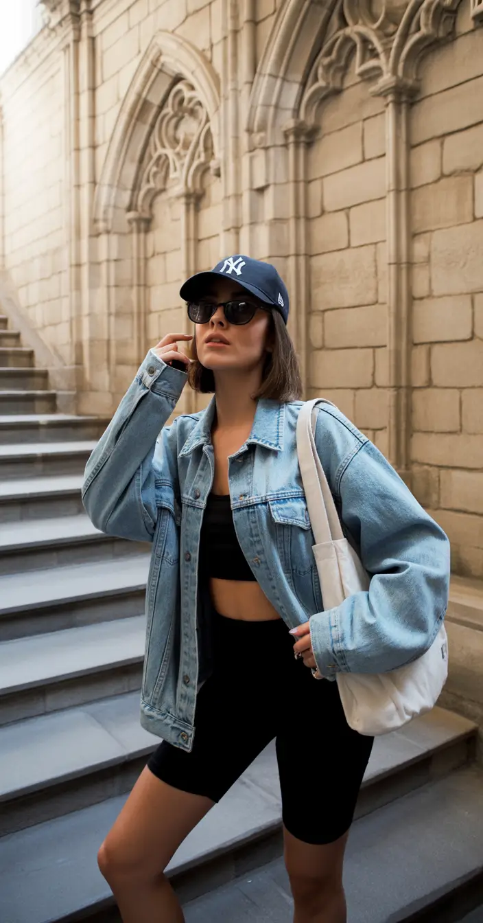 airport spring outfits 2026 Denim Jacket and Cap Cool Girl Uniform