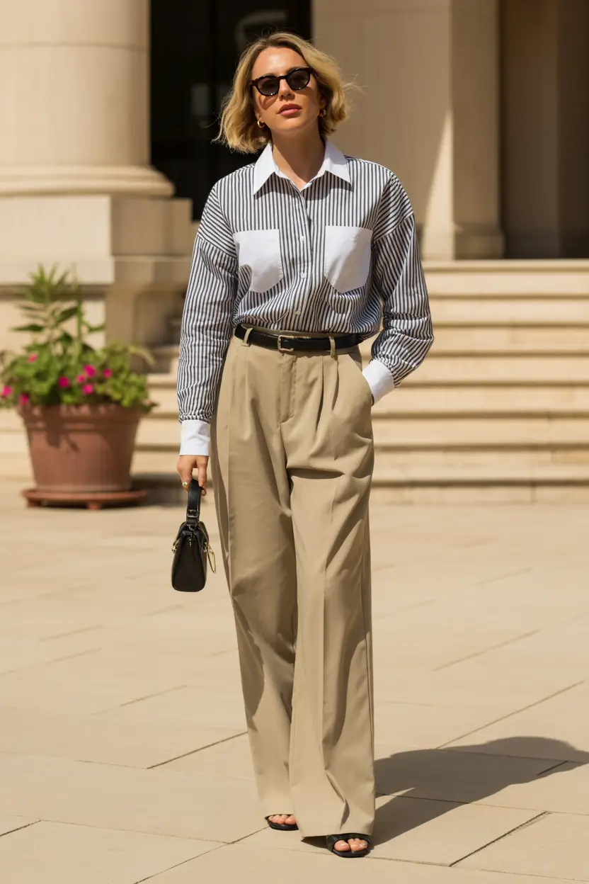 spring business casual outfits 2026 Striped Shirt Energy with Relaxed Tailoring