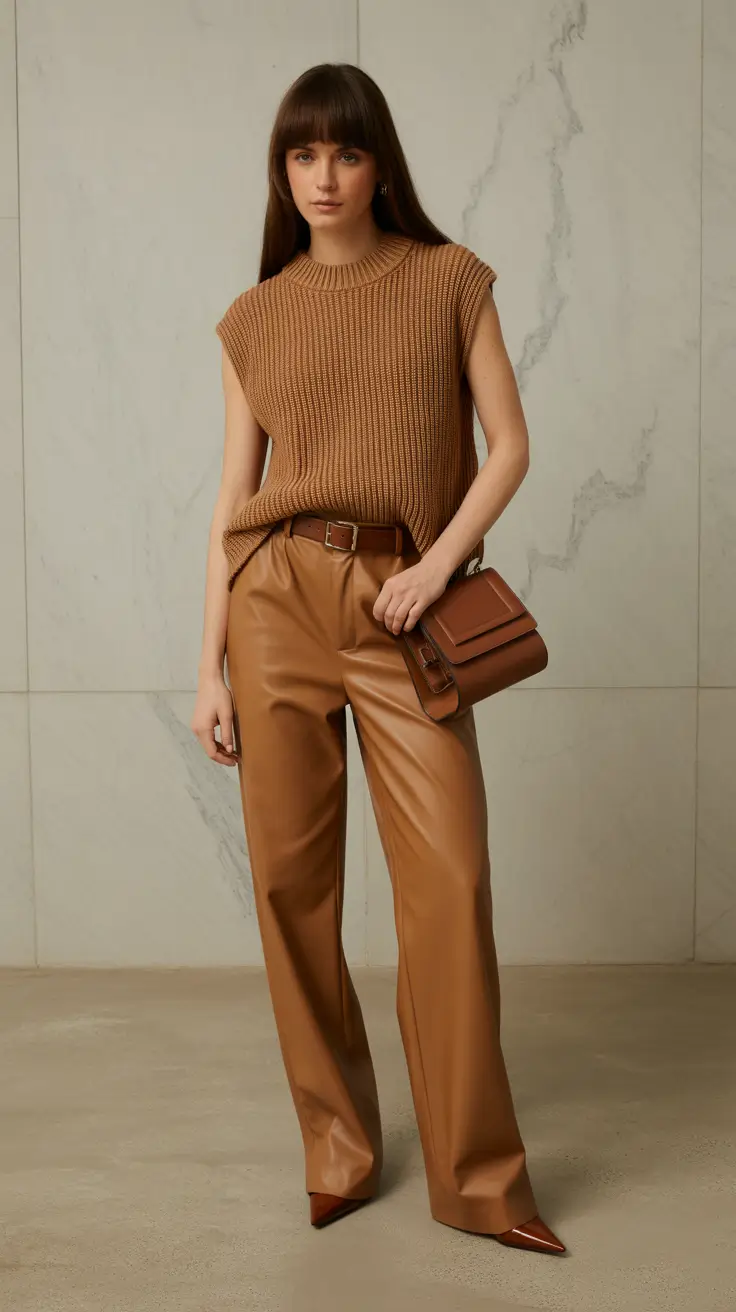 spring business casual outfits 2026 Leather Texture Meets Knit Ease
