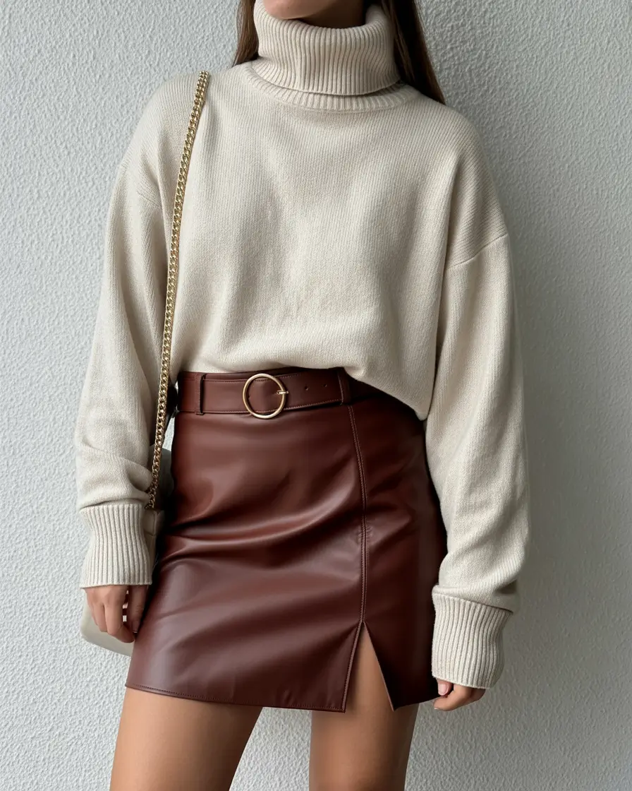 spring business casual outfits 2026 Cream Knit and Leather Skirt Balance
