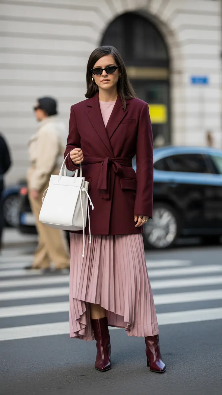 spring business casual outfits 2026 Burgundy Layers That Mean Business