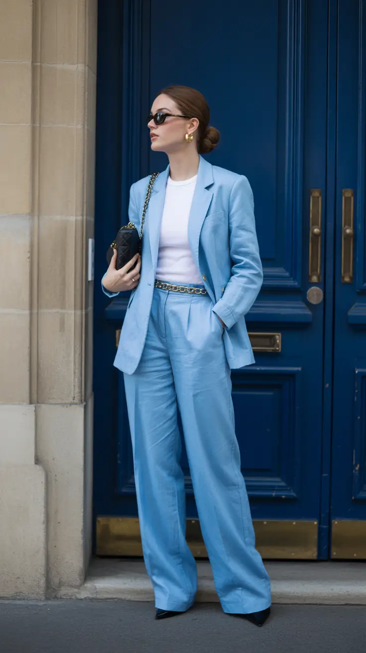 spring business casual outfits 2026 Powder Blue Confidence for Modern Workdays