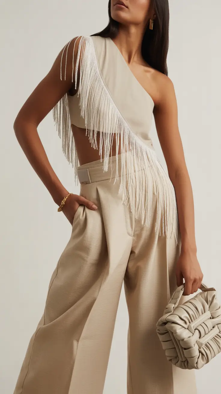 spring going out outfits 2026 One Shoulder Fringe Set for Minimal Glam