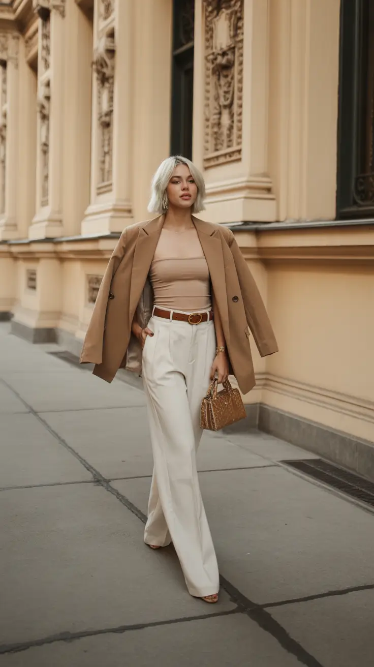 spring going out outfits 2026 Camel Blazer with White Pants for Nyc Nights