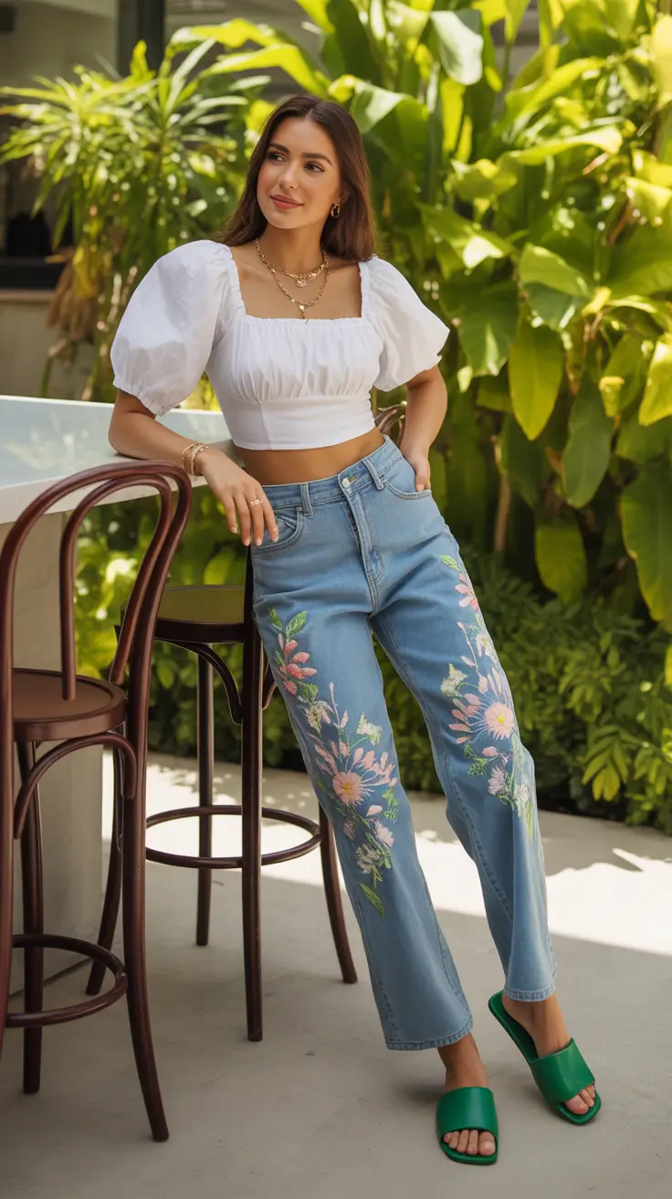 spring going out outfits 2026 Embroidered Jeans with White Puff Top for Casual Going Out