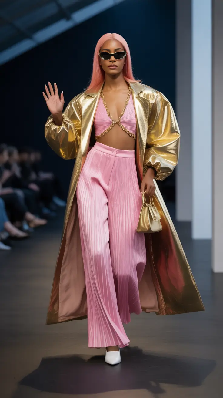 spring going out outfits 2026 Pink Pleats with Gold Coat Glam