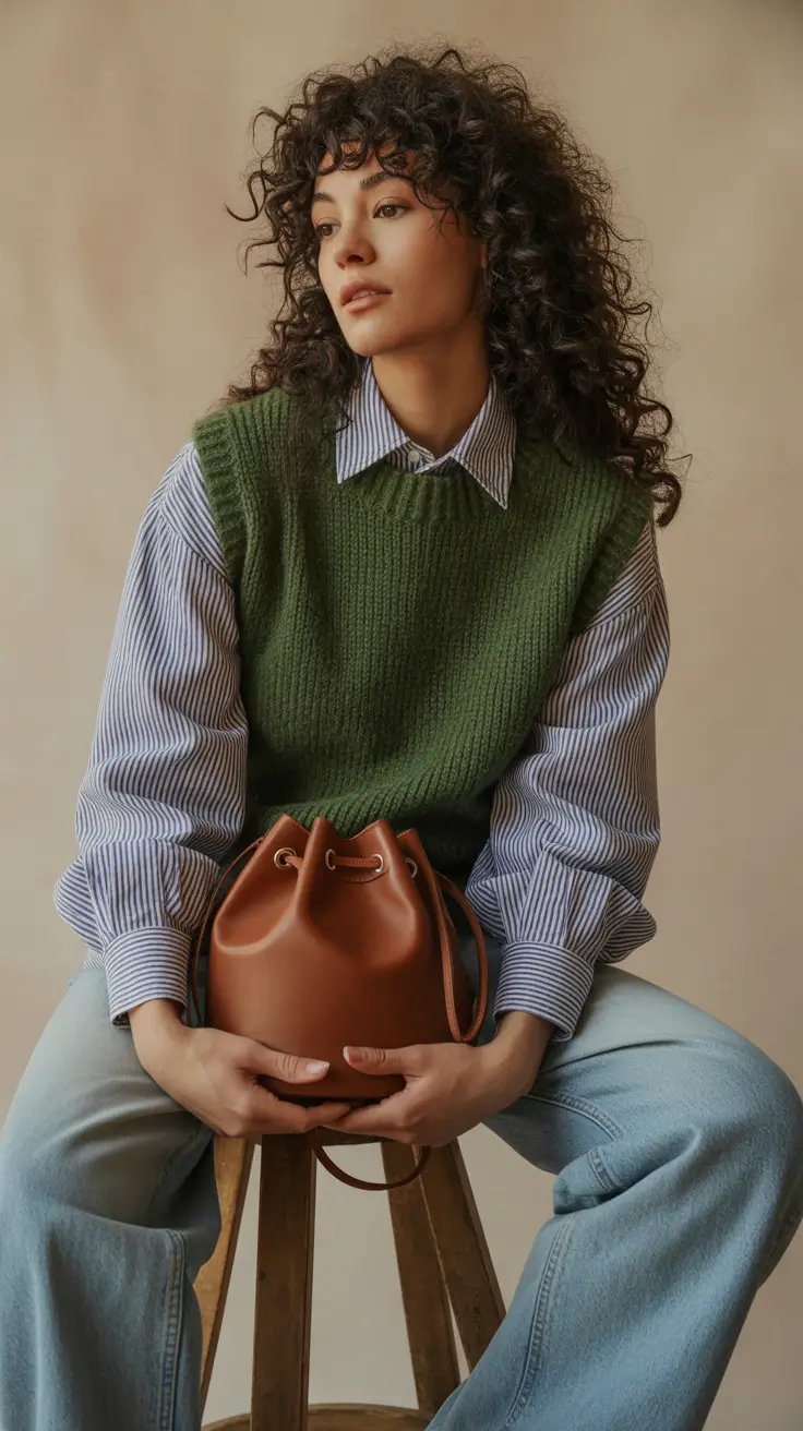 Spring Office Outfits 2026 Green Sweater Vest and Soft Office Layers