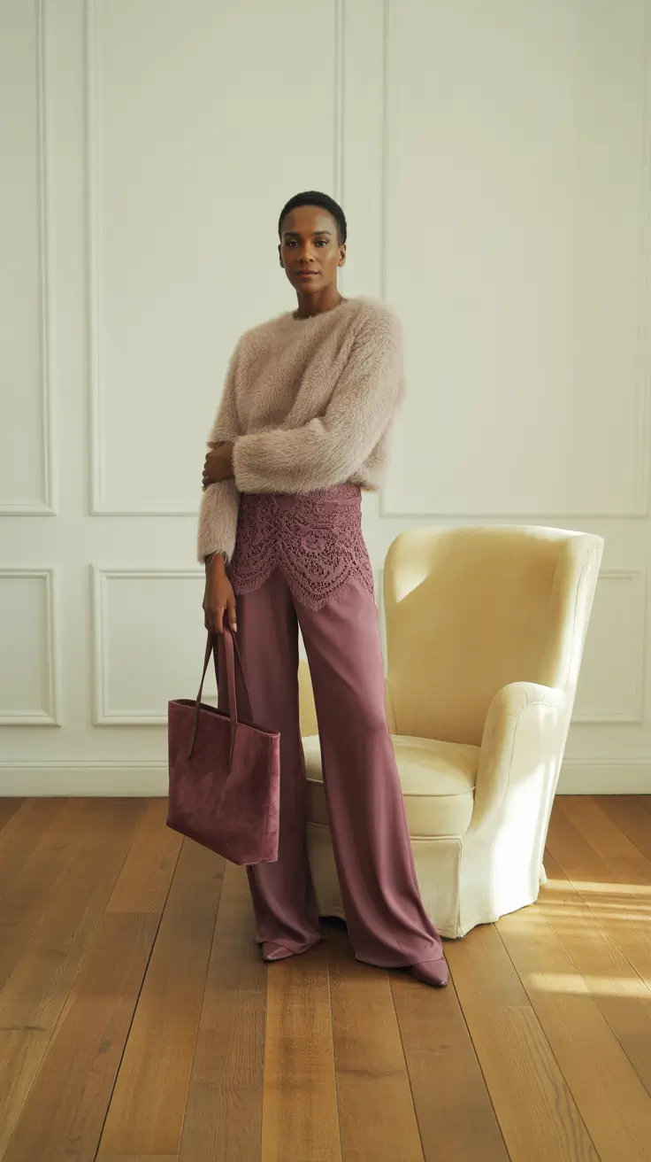 Spring Office Outfits 2026 Soft Mauve Trousers and Fuzzy Texture Elegance