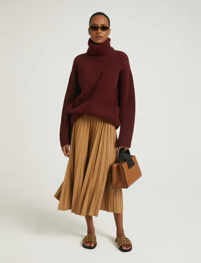 Spring Office Outfits 2026 Rich Burgundy Knit With a Pleated Midi