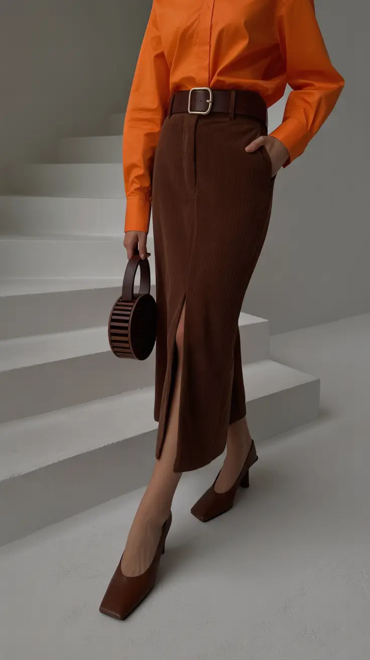 Spring Office Outfits 2026 Bright Shirt and Chocolate Pencil Skirt Energy